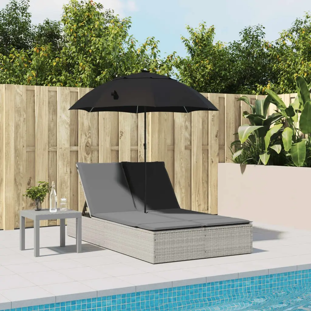 Double Sun Lounger Adjustable Backrest with Parasol Grey Rattan