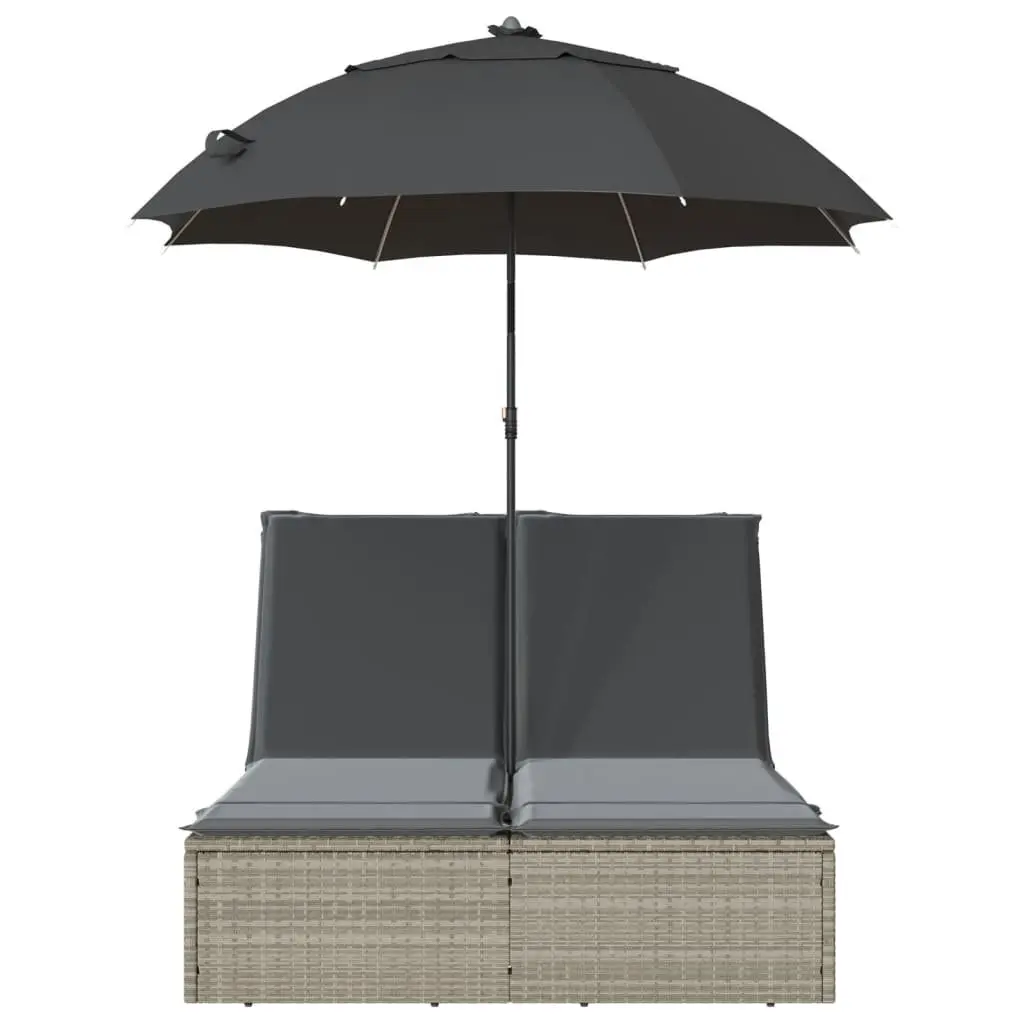 Double Sun Lounger Adjustable Backrest with Parasol Grey Rattan