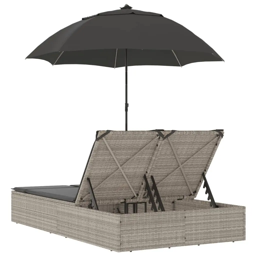 Double Sun Lounger Adjustable Backrest with Parasol Grey Rattan