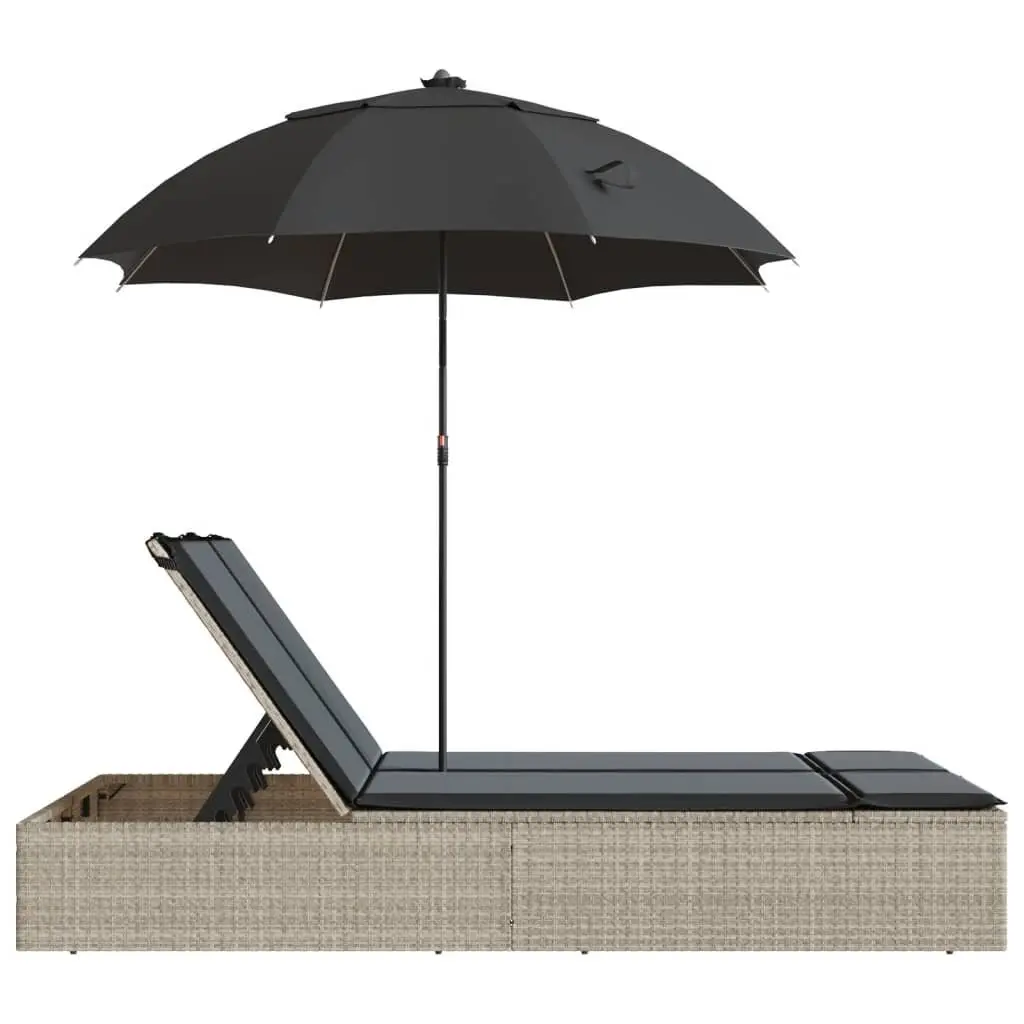 Double Sun Lounger Adjustable Backrest with Parasol Grey Rattan