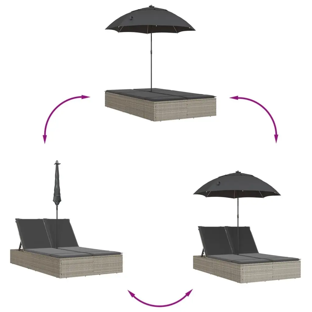 Double Sun Lounger Adjustable Backrest with Parasol Grey Rattan