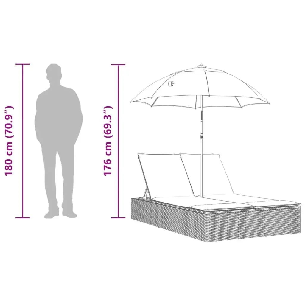 Double Sun Lounger Adjustable Backrest with Parasol Grey Rattan