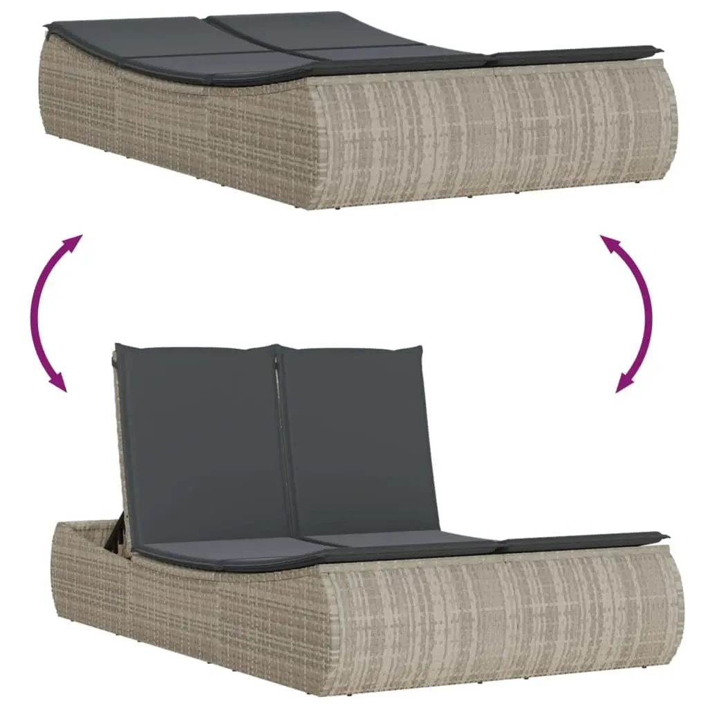 Double Sun Lounger Grey Poly Rattan Outdoor Furniture Adjustable Backrest