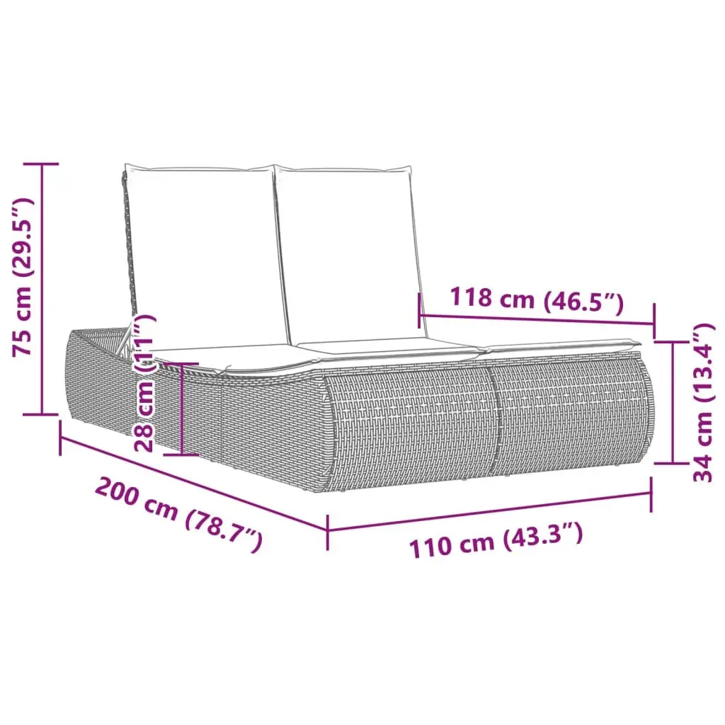 Double Sun Lounger Grey Poly Rattan Outdoor Furniture Adjustable Backrest