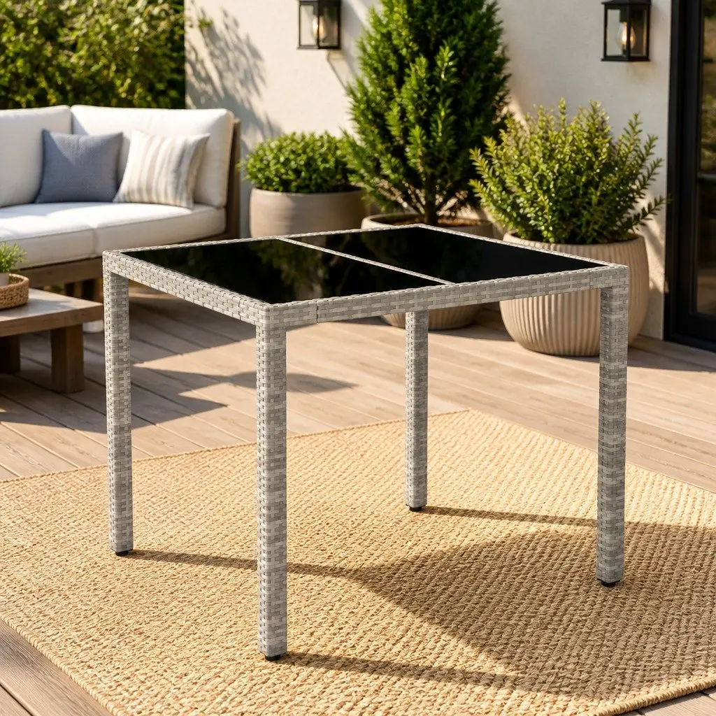 Garden Table Glass Top Poly Rattan Grey 90x90x75 cm