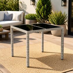 Garden Table Glass Top Outdoor Furniture Poly Rattan Grey 90x90x75 cm Patio