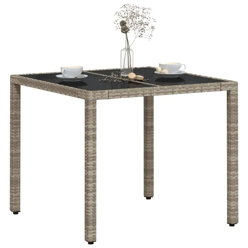 Garden Table Glass Top Poly Rattan Grey 90x90x75 cm