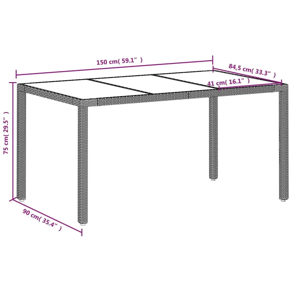 Garden Table Grey Tempered Glass Top 150L x 90W x 75H cm Outdoor Patio Dining Furniture