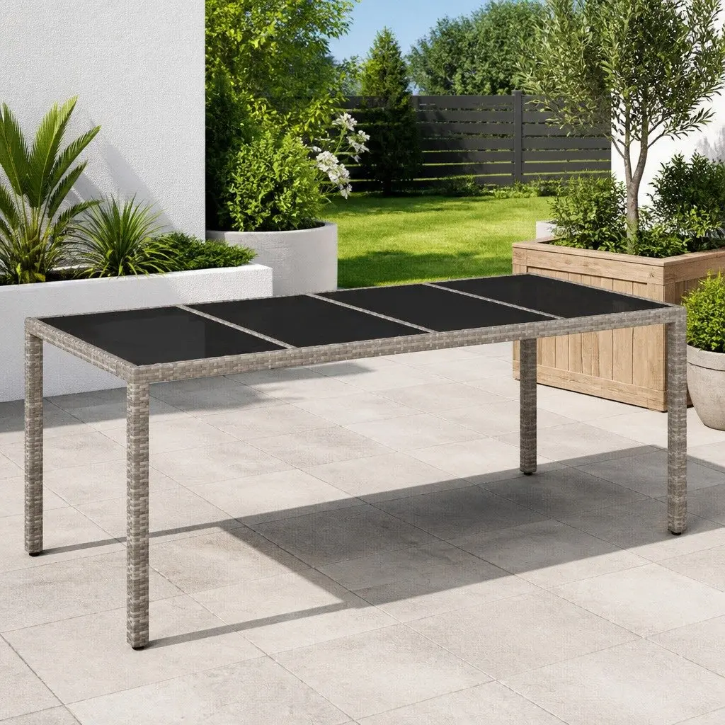 Garden Dining Table Poly Rattan Grey Tempered Glass Top 190x90x75cm