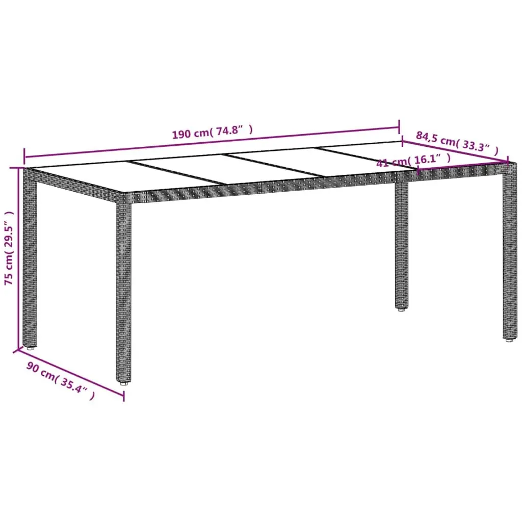 Garden Dining Table Poly Rattan Grey Tempered Glass Top 190x90x75cm