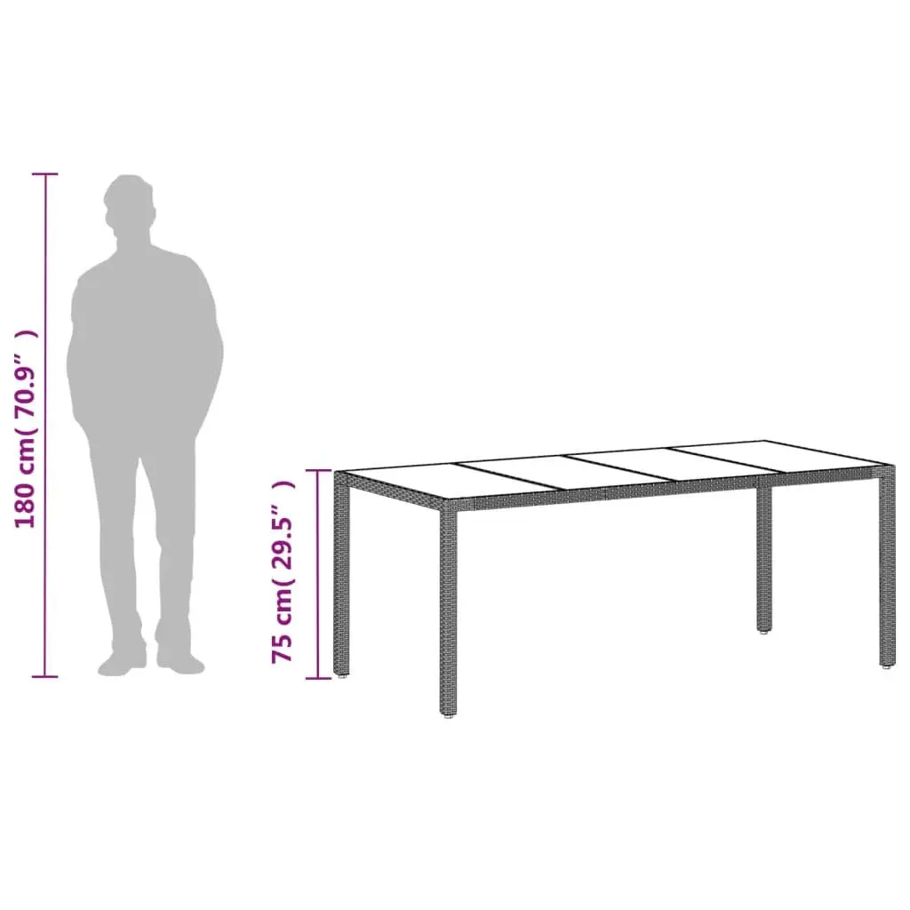 Garden Dining Table Poly Rattan Grey Tempered Glass Top 190x90x75cm