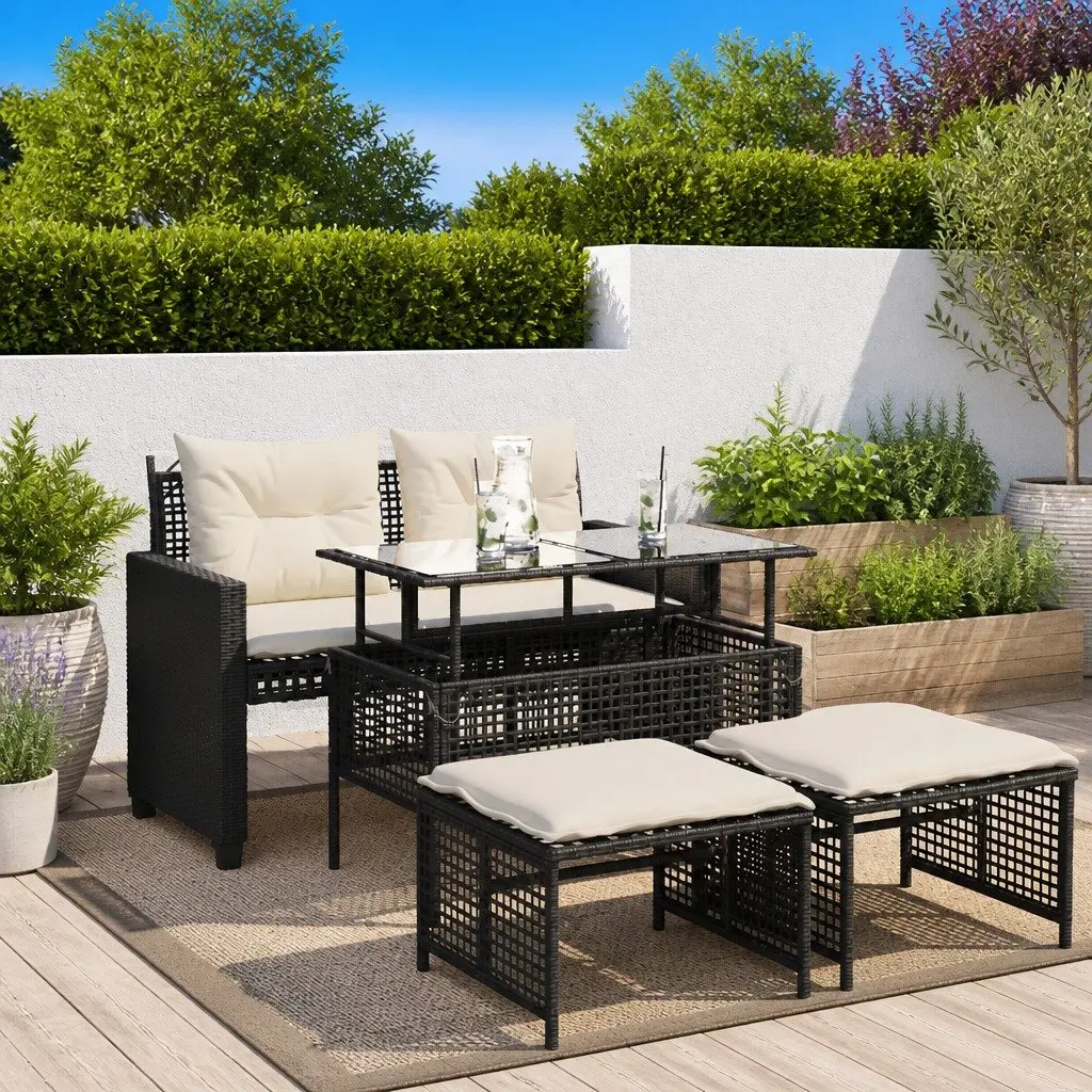 4 Piece Sectional Garden Sofa Set Black Weather Resistant Poly Rattan with Adjustable Tempered Glass Table