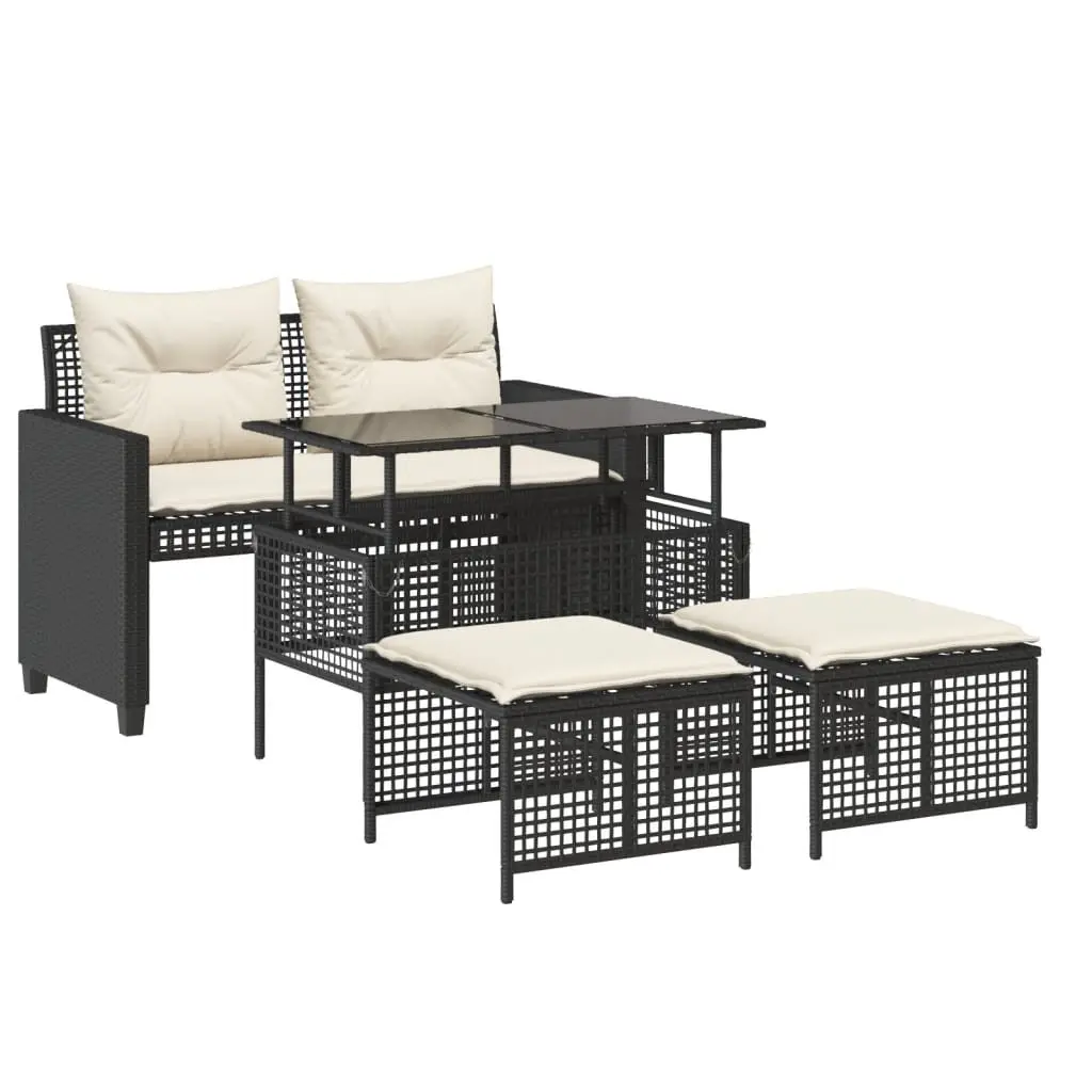 4 Piece Sectional Garden Sofa Set Black Weather Resistant Poly Rattan with Adjustable Tempered Glass Table