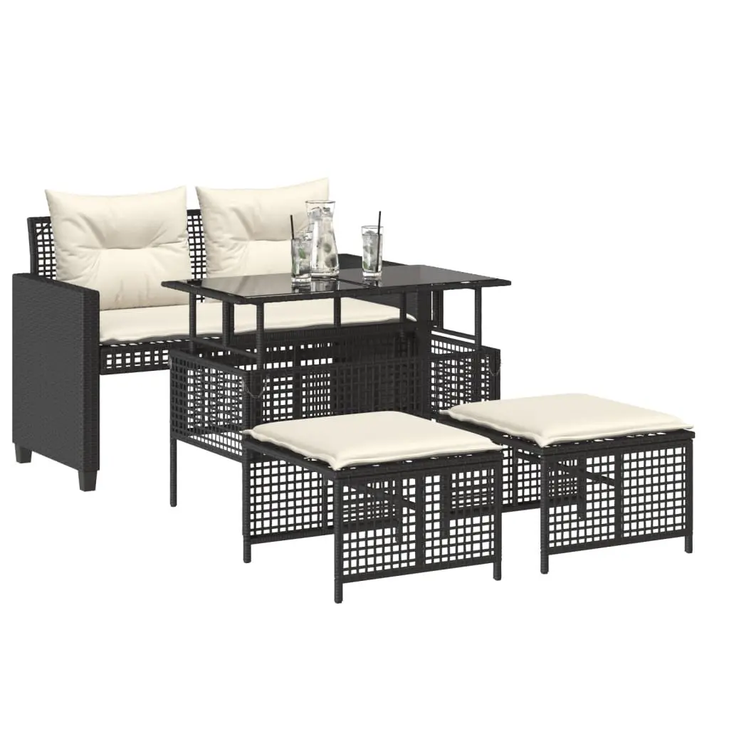 4 Piece Sectional Garden Sofa Set Black Weather Resistant Poly Rattan with Adjustable Tempered Glass Table