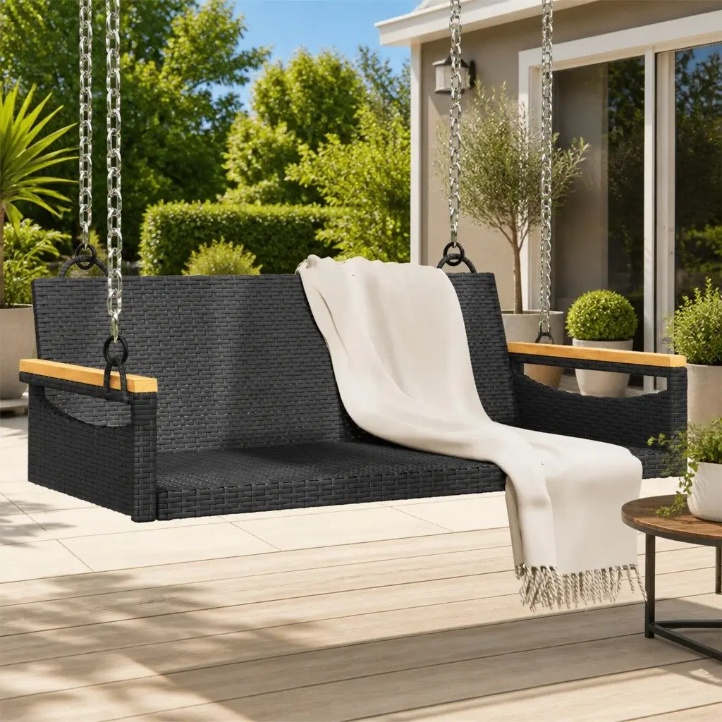 Outdoor Swing Bench Black PE Rattan Garden Furniture 109x62x40cm