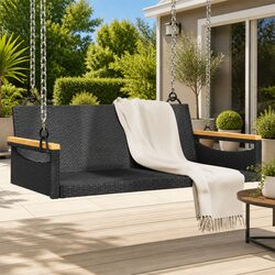 Outdoor Swing Bench Black Garden Hanging Seat Relaxation Poly Rattan Furniture