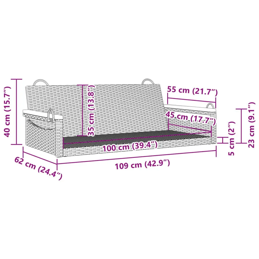 Outdoor Swing Bench Grey PE Rattan 109 x 62 x 40 cm