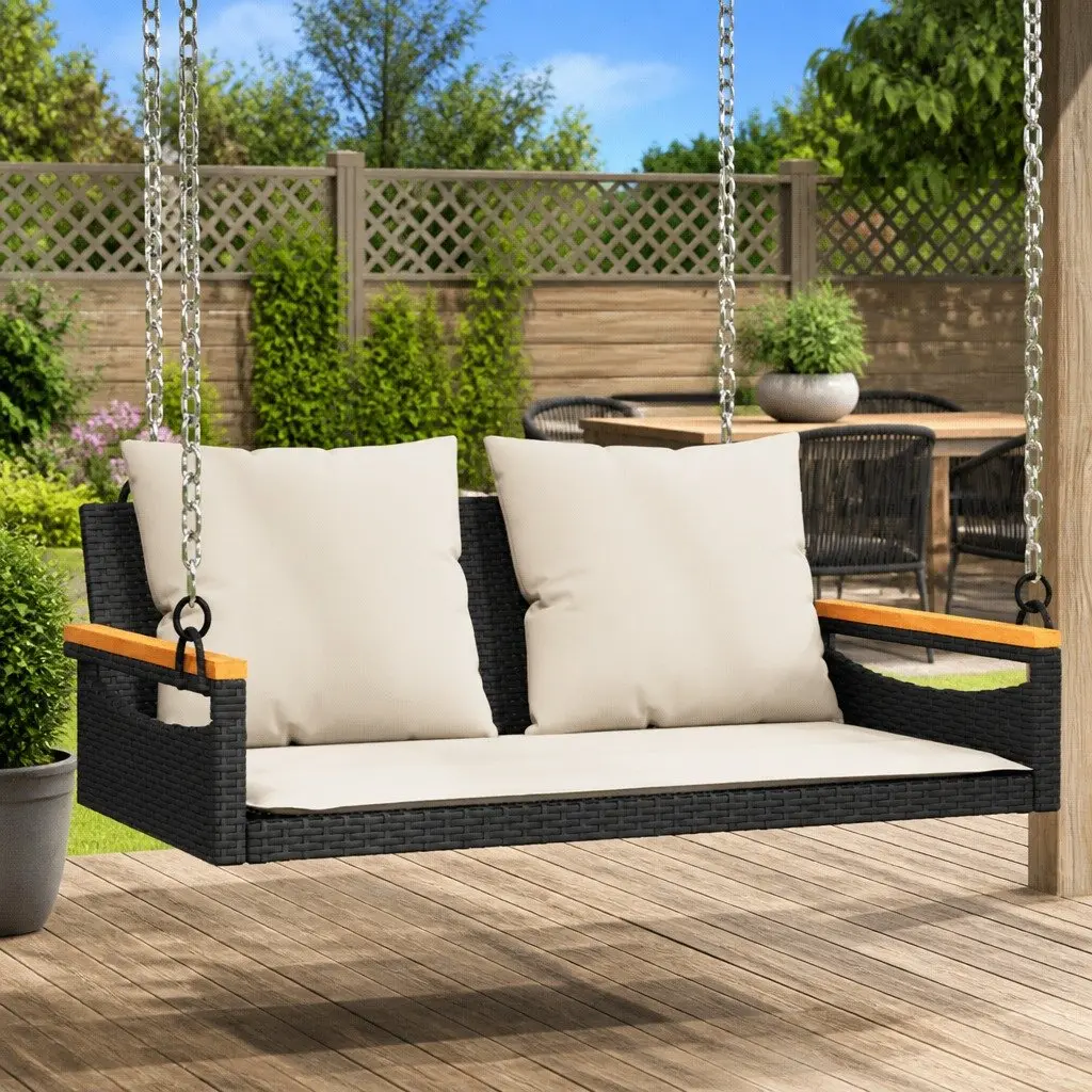 Outdoor Swing Bench with Cushions Black PE Rattan 109 x 62 x 40 cm