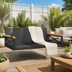 Outdoor Swing Bench Black Poly Rattan Garden Relaxation Hanging Seat Furniture