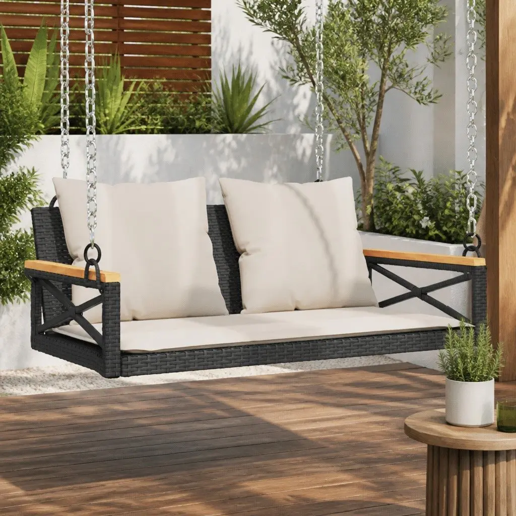 Swing Bench with Cushions Black Outdoor Garden Seating Poly Rattan Hanging Chair