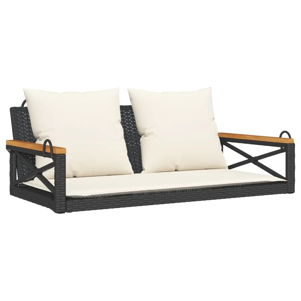 Swing Bench with Cushions Black Outdoor Garden Seating Poly Rattan Hanging Chair