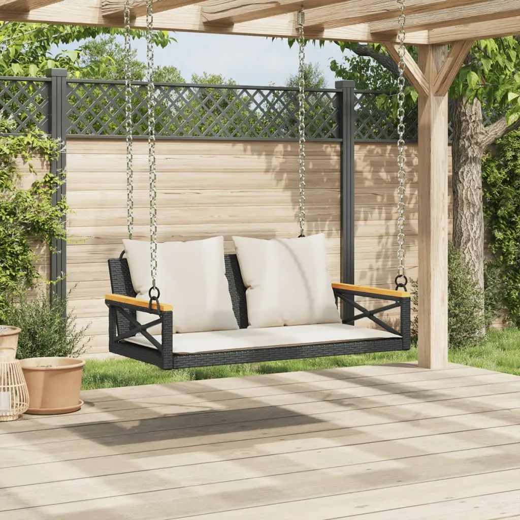 Swing Bench with Cushions Black Outdoor Garden Seating Poly Rattan Hanging Chair