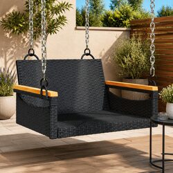 Outdoor Swing Bench Black Poly Rattan Garden Hanging Seat Relaxation Furniture