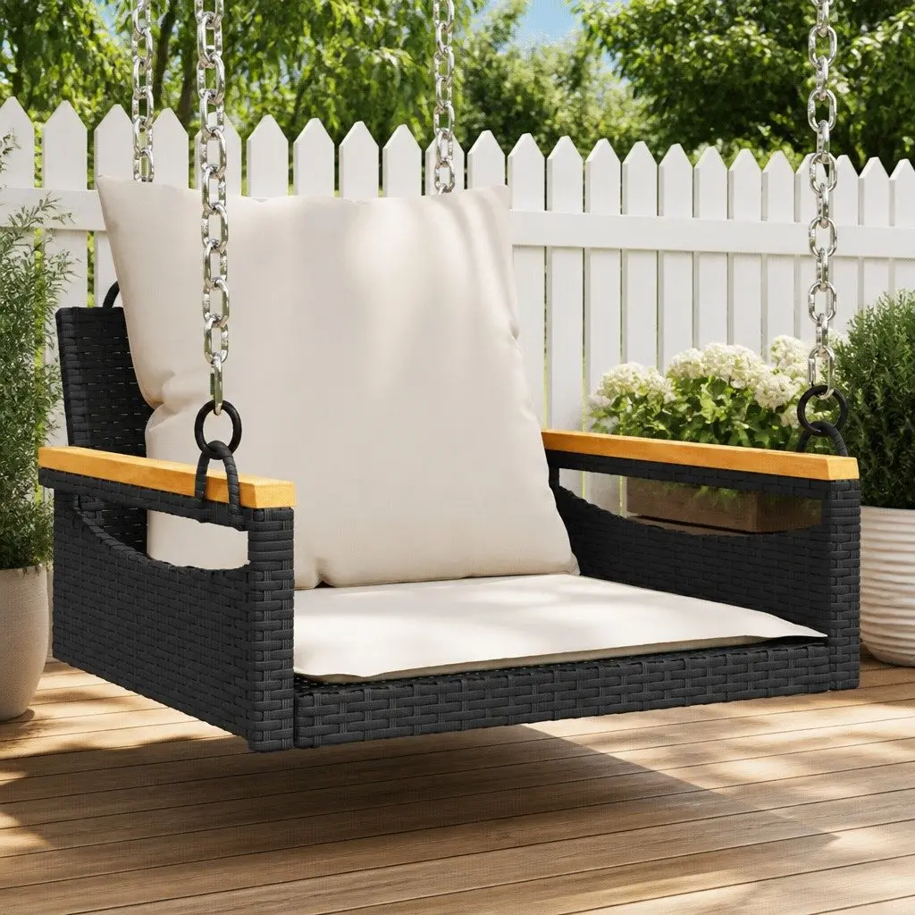 Outdoor Swing Bench Black Poly Rattan with Cushions 63 x 62 x 40 cm