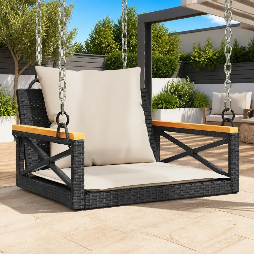 Swing Bench Black Poly Rattan Outdoor Seating with Cushions 63 x 62 x 40 cm