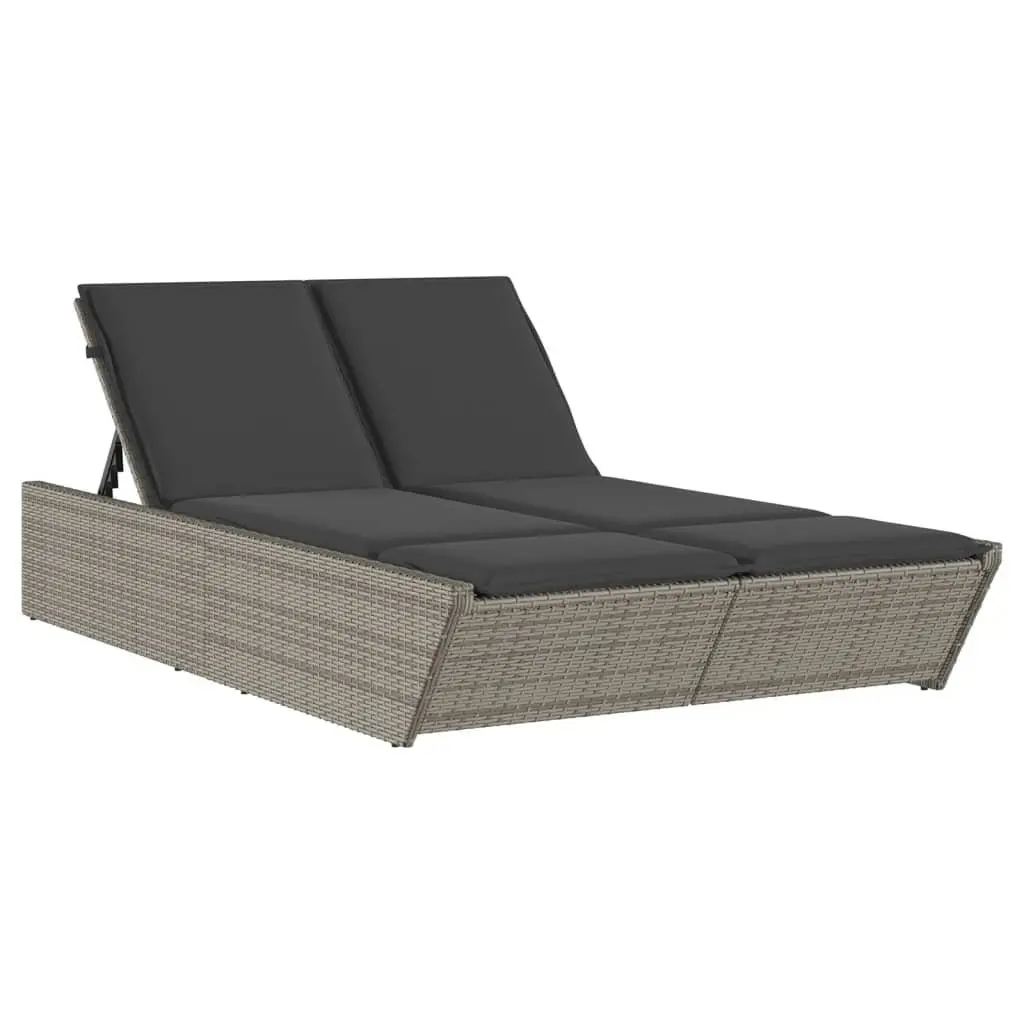 Double Sun Lounger Adjustable Backrest Grey Padded Cushions Outdoor Relaxation