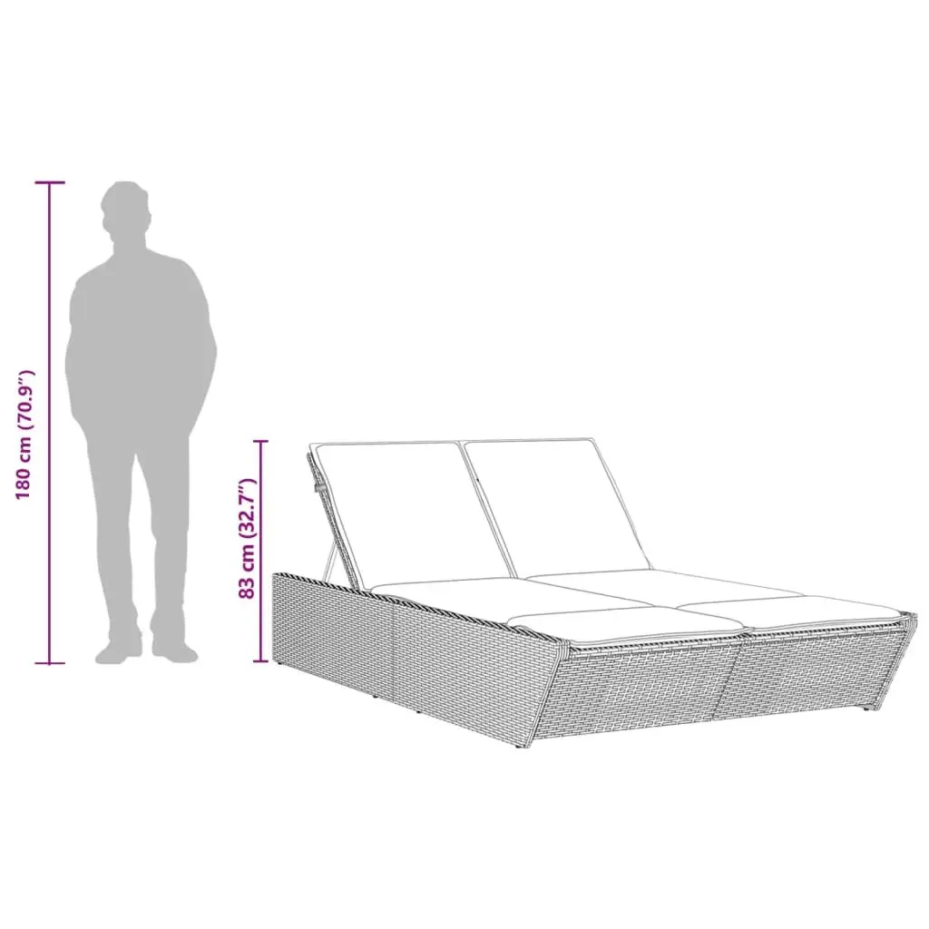 Double Sun Lounger Adjustable Backrest Grey Padded Cushions Outdoor Relaxation