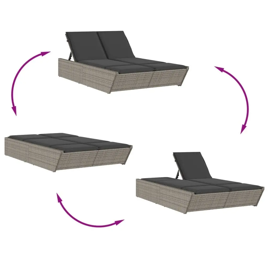 Double Sun Lounger Adjustable Backrest Grey Padded Cushions Outdoor Relaxation