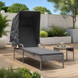 Sun Lounger with Retractable Canopy Adjustable Backrest Grey Outdoor Reclining