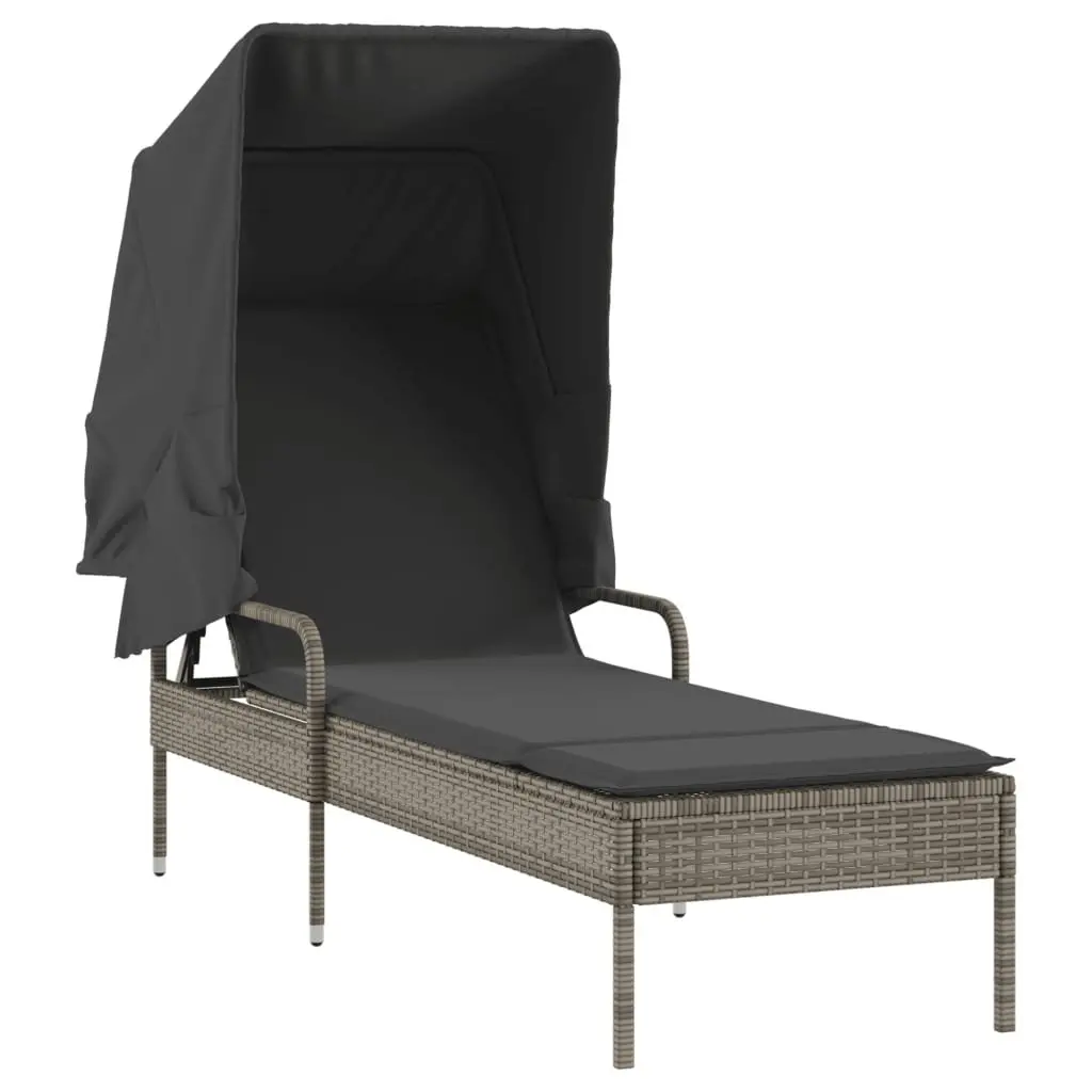 Sun Lounger with Retractable Canopy Adjustable Backrest Grey Outdoor Reclining