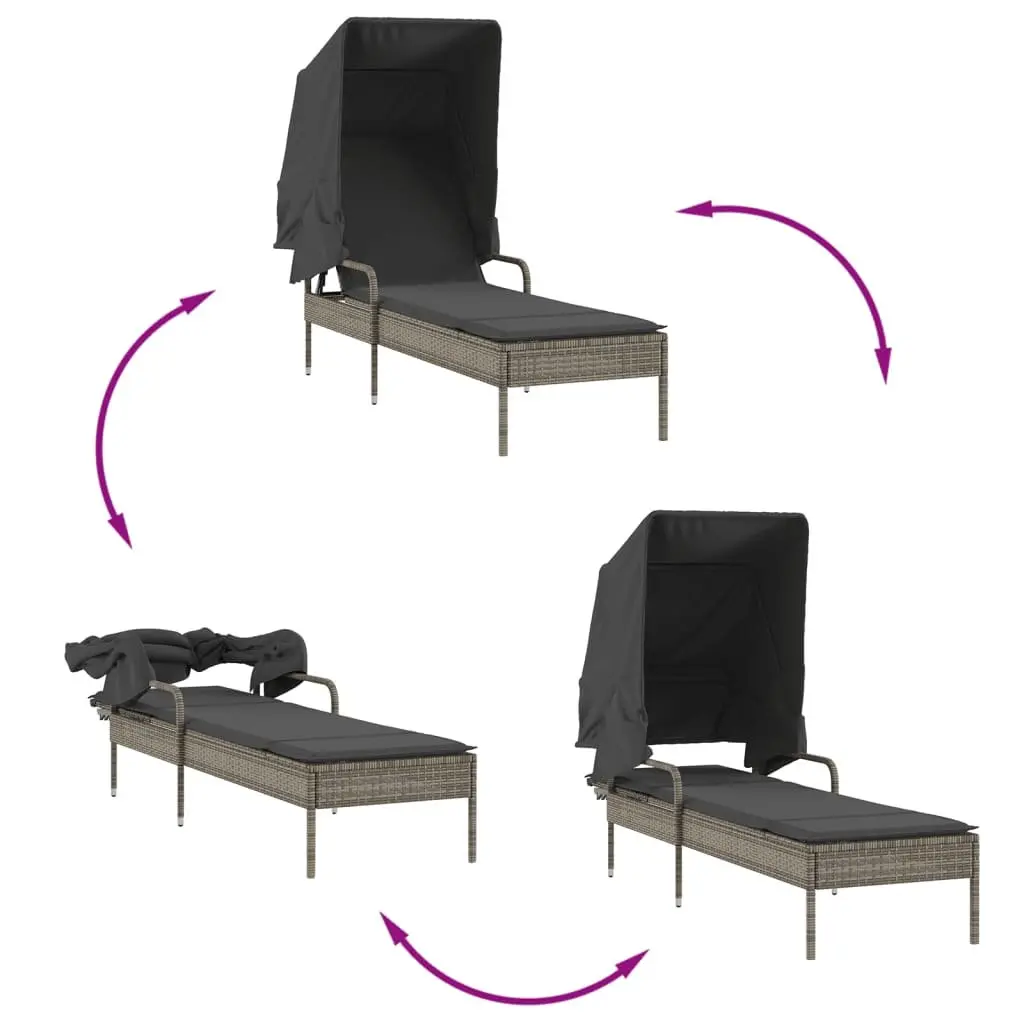 Sun Lounger with Retractable Canopy Adjustable Backrest Grey Outdoor Reclining