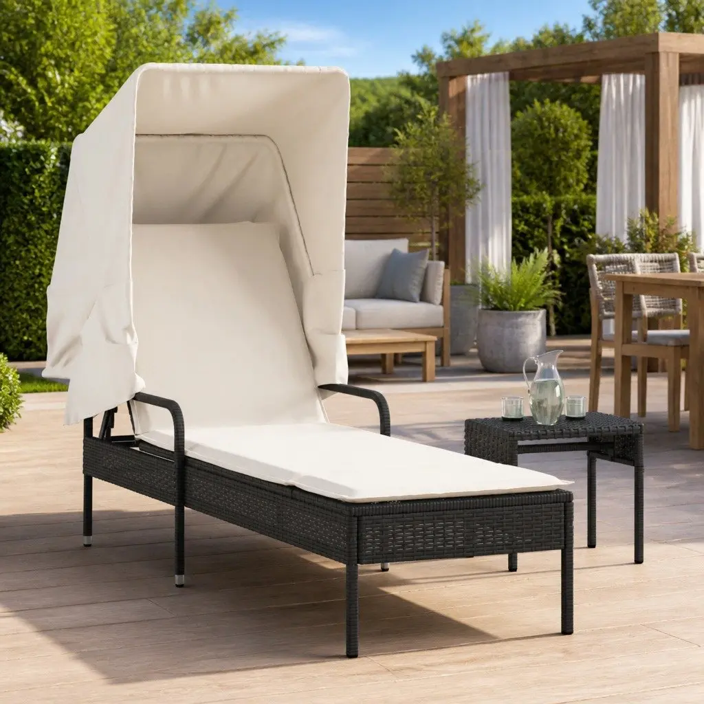 Sun Lounger Adjustable Backrest Retractable Canopy Integrated Tea Table Outdoor Seating Black