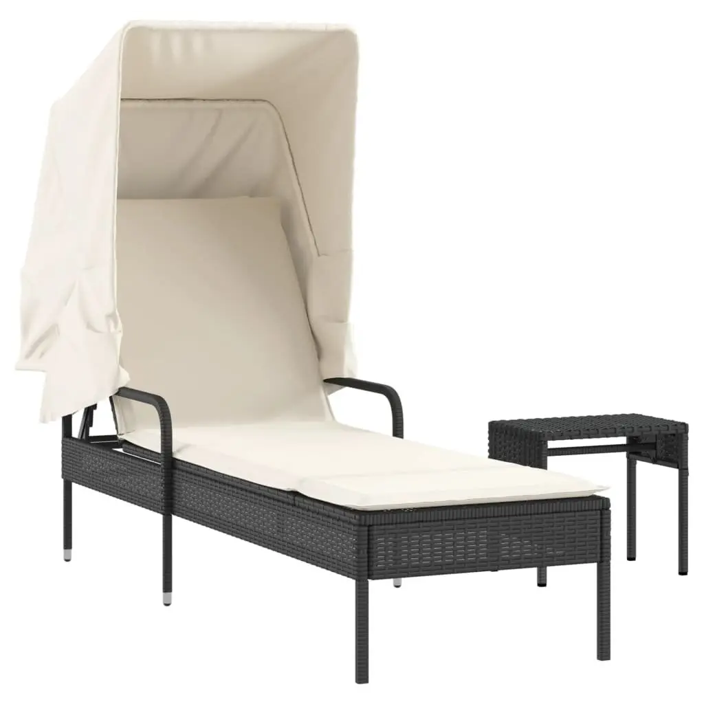 Sun Lounger Adjustable Backrest Retractable Canopy Integrated Tea Table Outdoor Seating Black
