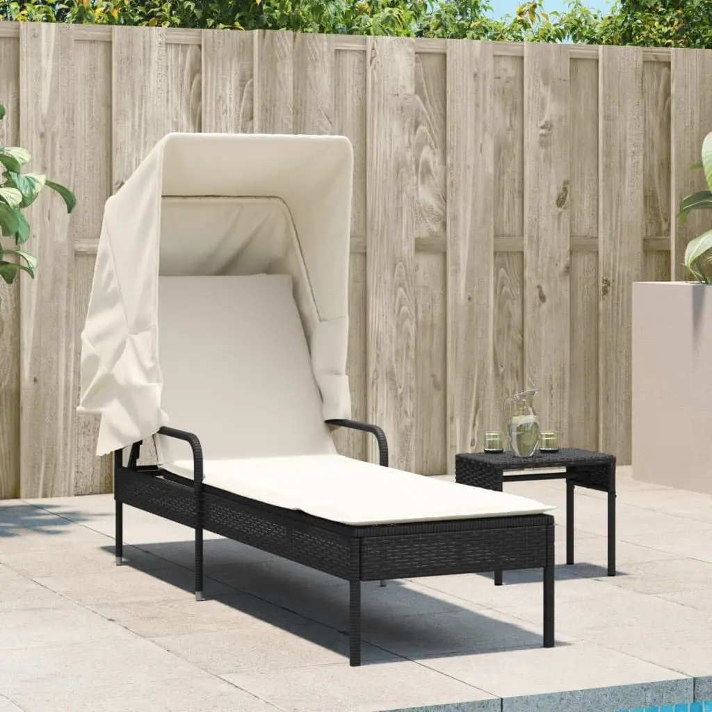 Sun Lounger Adjustable Backrest Retractable Canopy Integrated Tea Table Outdoor Seating Black