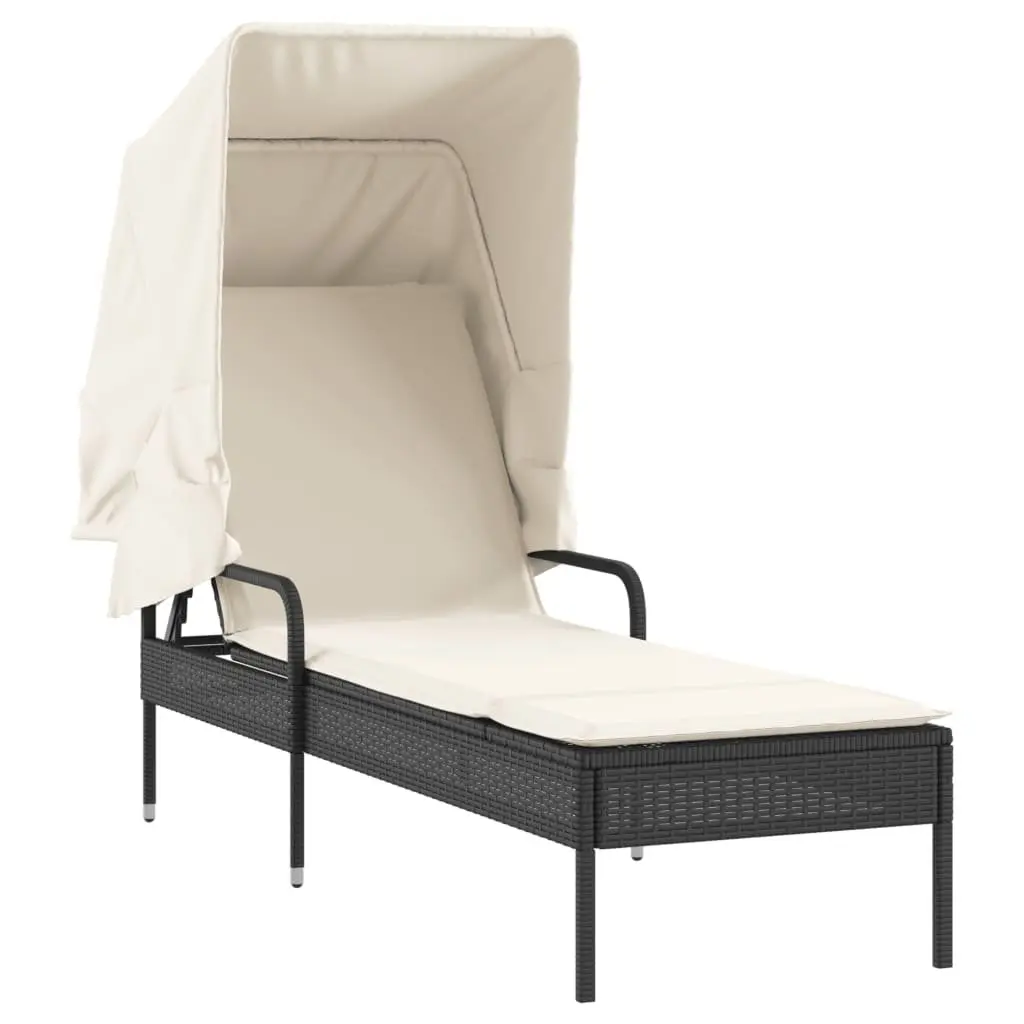 Sun Lounger Adjustable Backrest Retractable Canopy Integrated Tea Table Outdoor Seating Black