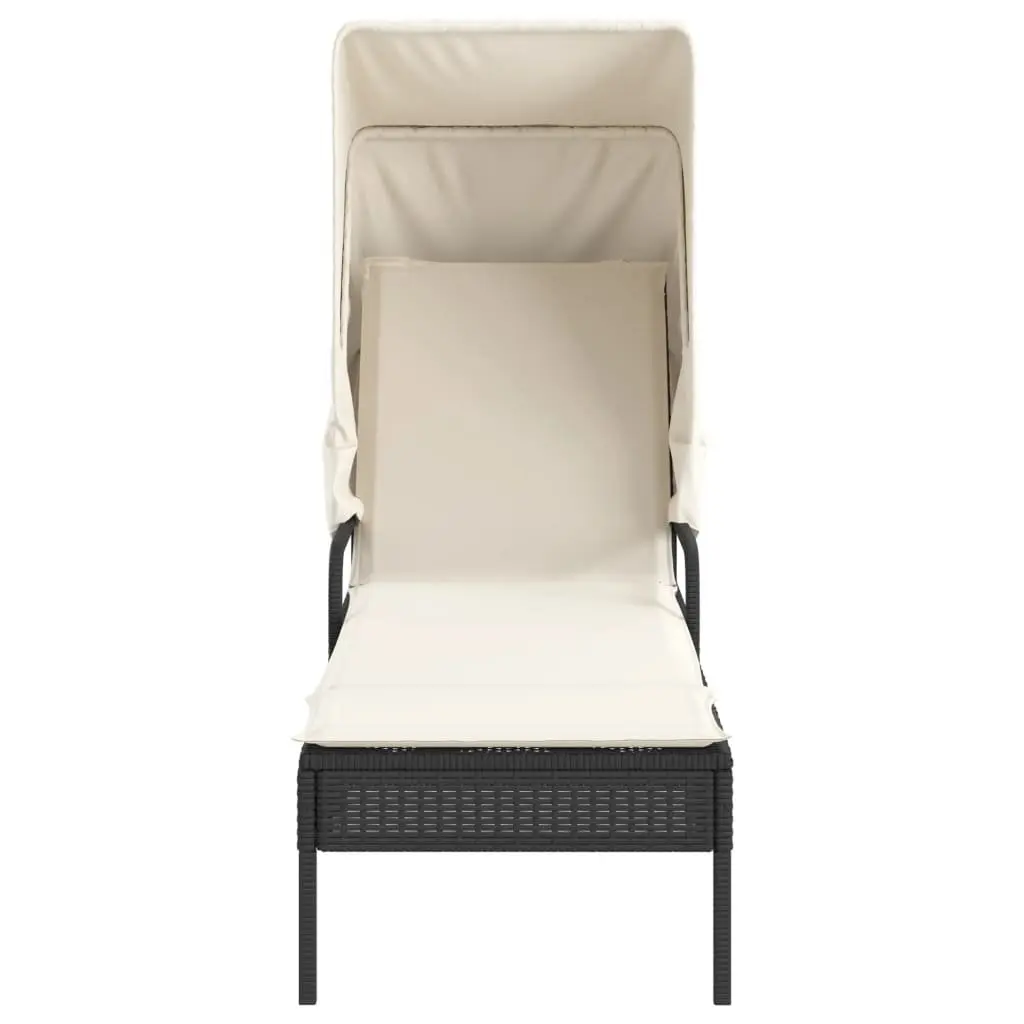 Sun Lounger Adjustable Backrest Retractable Canopy Integrated Tea Table Outdoor Seating Black