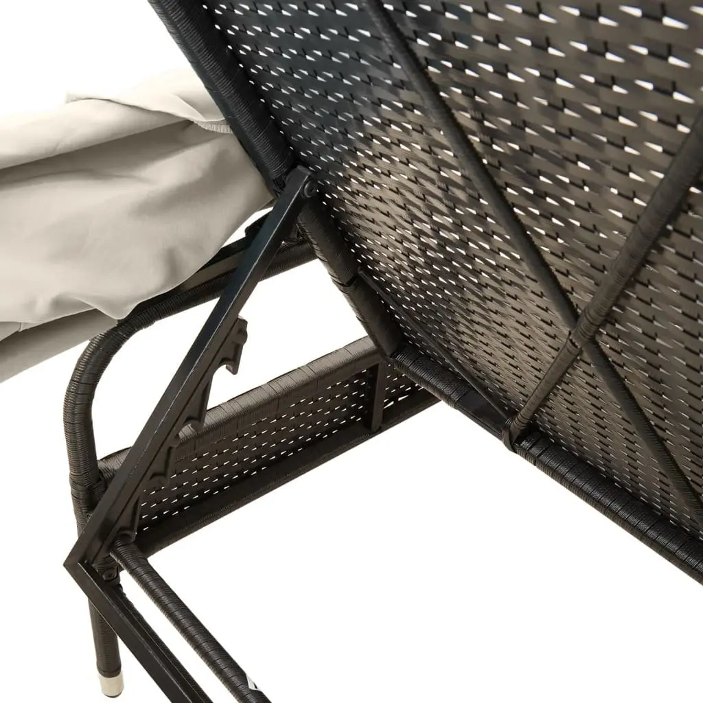 Sun Lounger Adjustable Backrest Retractable Canopy Integrated Tea Table Outdoor Seating Black
