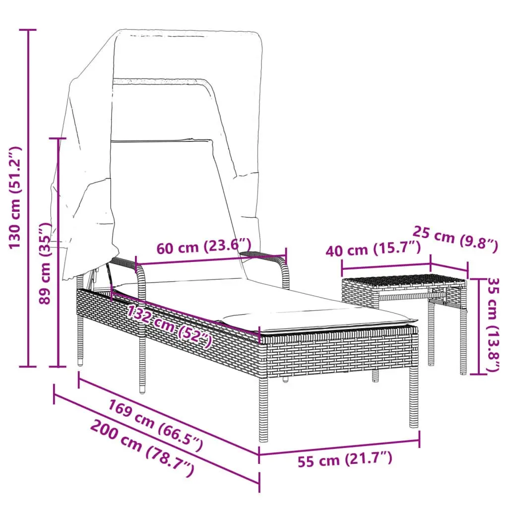 Sun Lounger Adjustable Backrest Retractable Canopy with Tea Table Grey