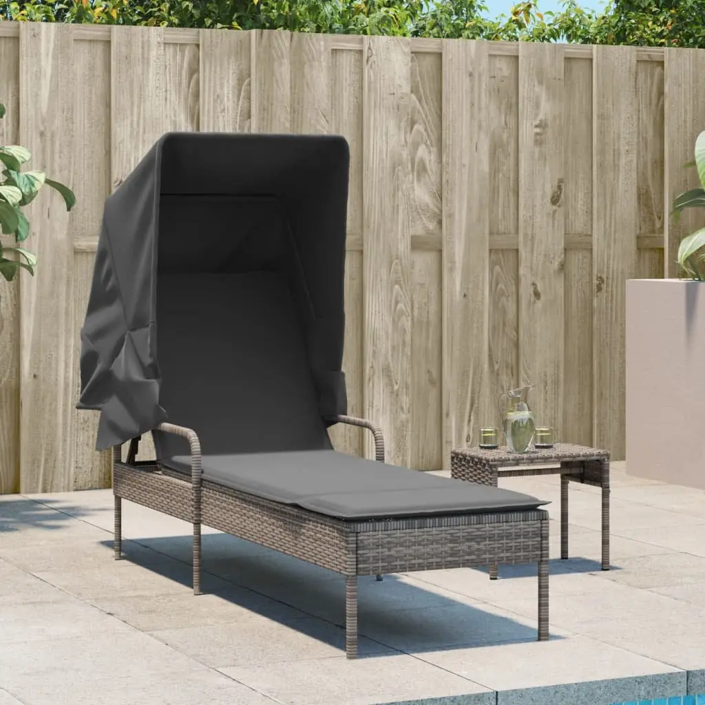 Sun Lounger Adjustable Backrest Retractable Canopy with Tea Table Grey