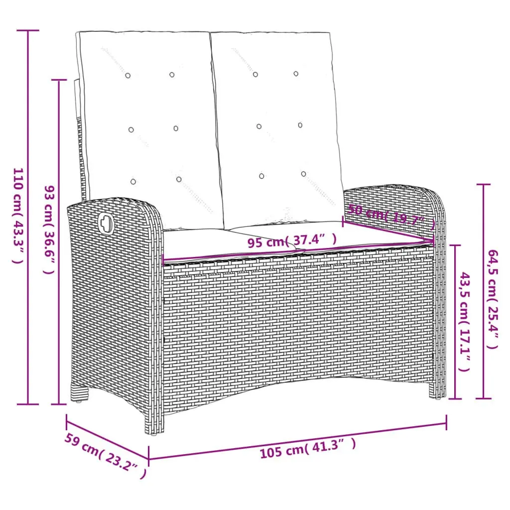 Reclining Garden Bench Adjustable Backrest Padded Cushions Grey Poly