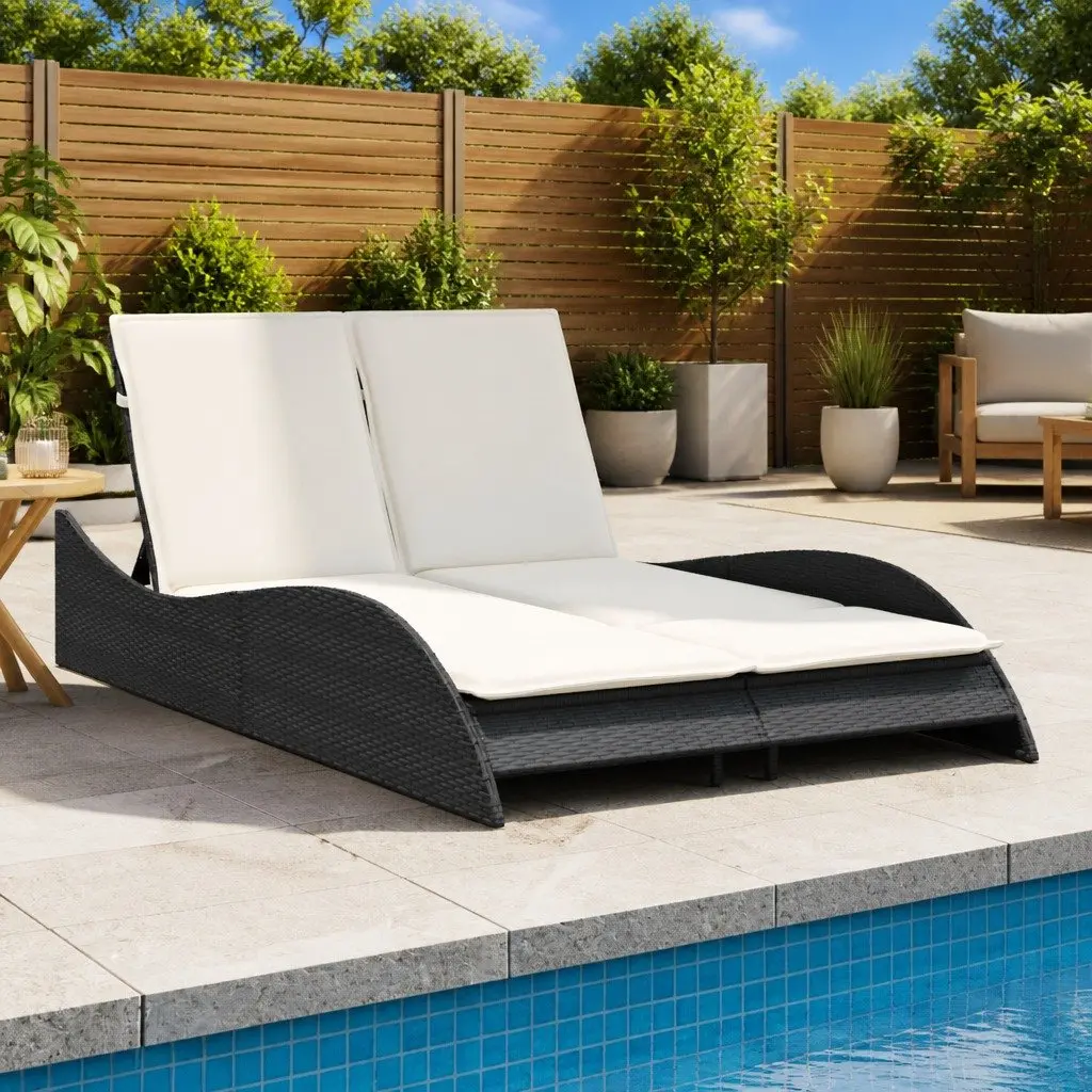 Adjustable Sun Lounger Black Outdoor Reclining Chair with Cushions