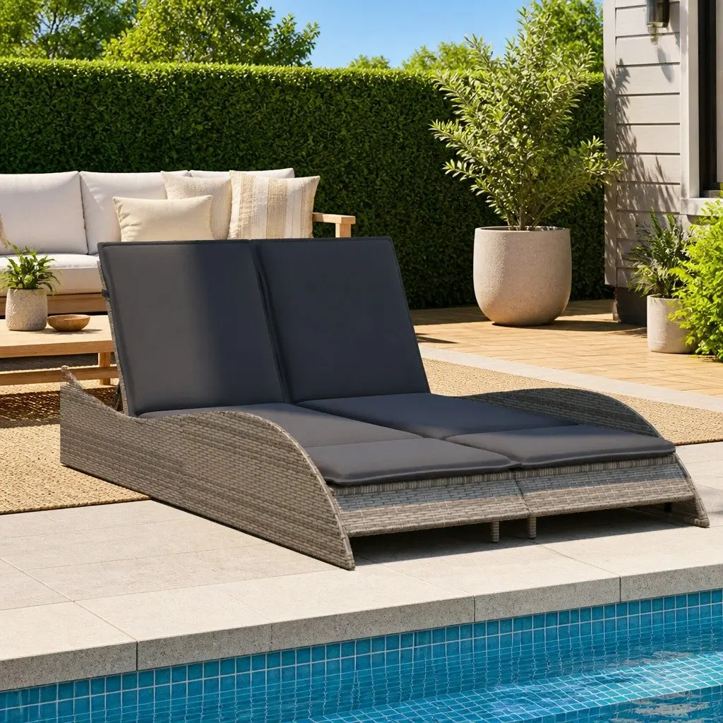 Outdoor Garden Furniture Grey Sun Lounger with Cushions Adjustable Backrest