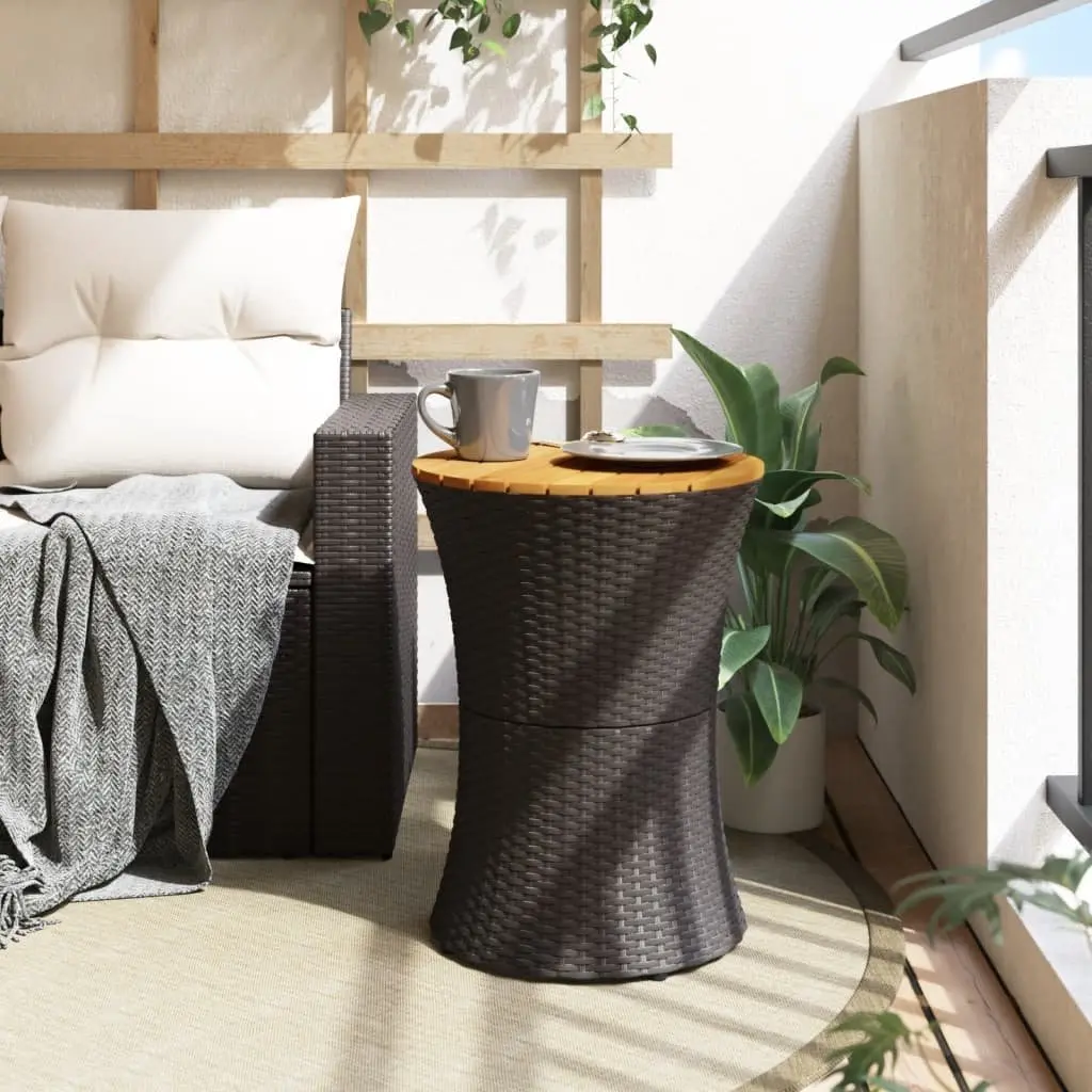 Garden Side Table Drum Shape Black Poly Rattan Acacia Wood