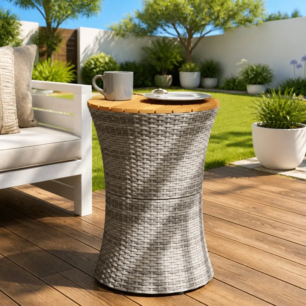 Garden Side Table Drum Shape Grey PE Rattan Acacia Wood Top