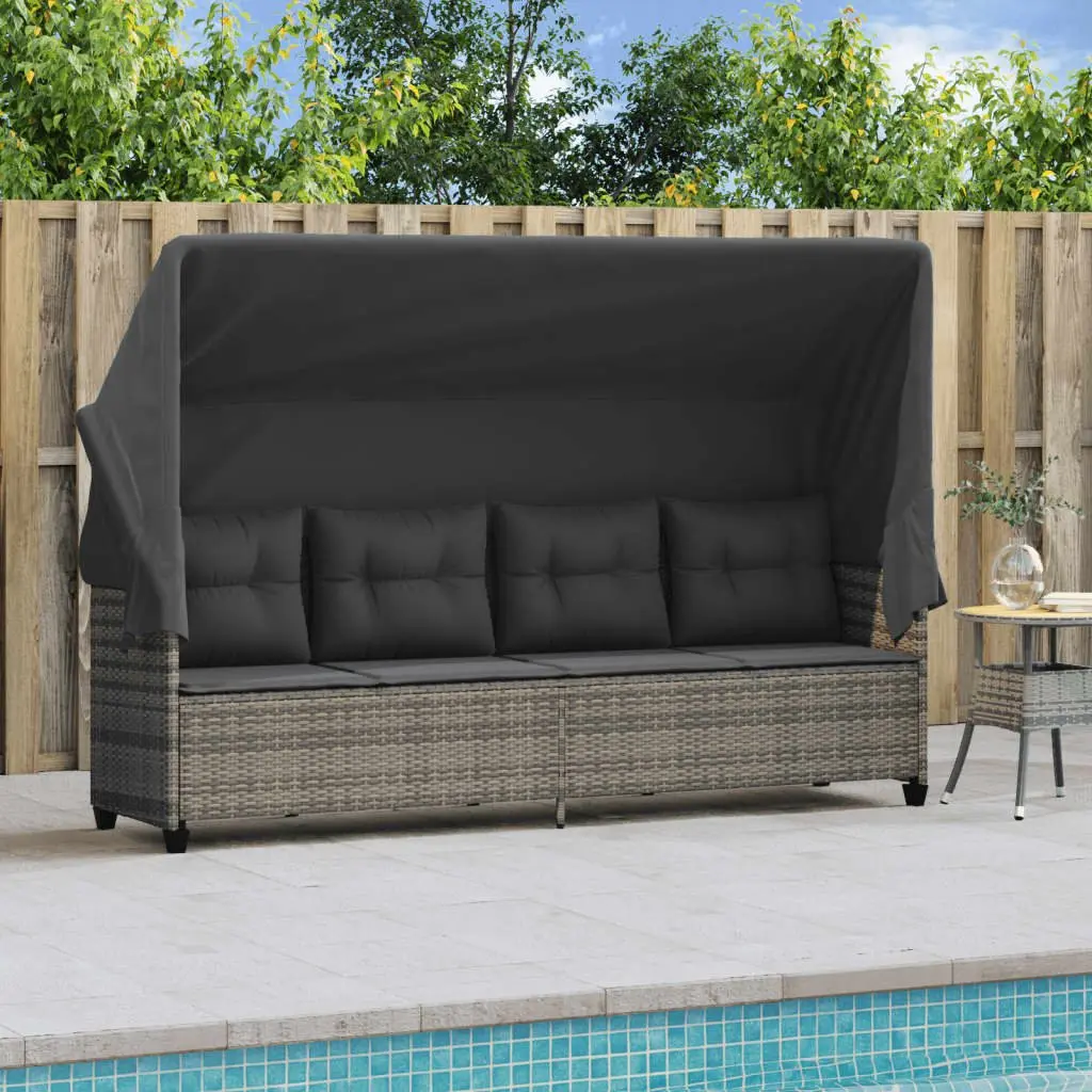 Rattan Outdoor Sun Lounger Grey with Adjustable Canopy and Thick Cushions