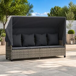 Sun Lounger with Retractable Canopy Adjustable Backrest Footrest Grey Rattan